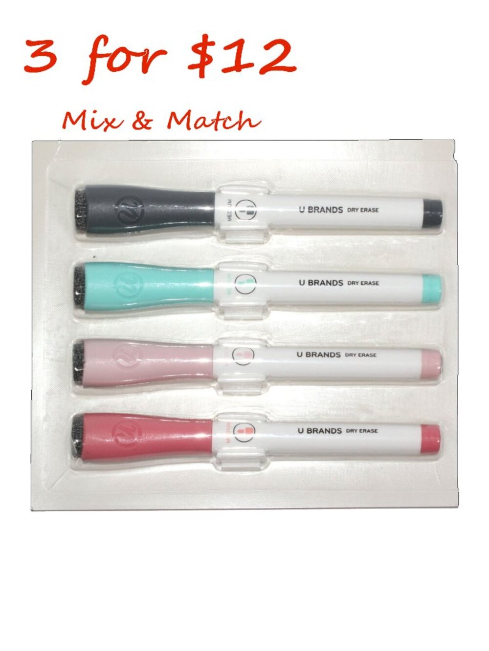 U Brands 4-ct Pastel & Black Bullet Tip, Medium Point Dry Erase Markers